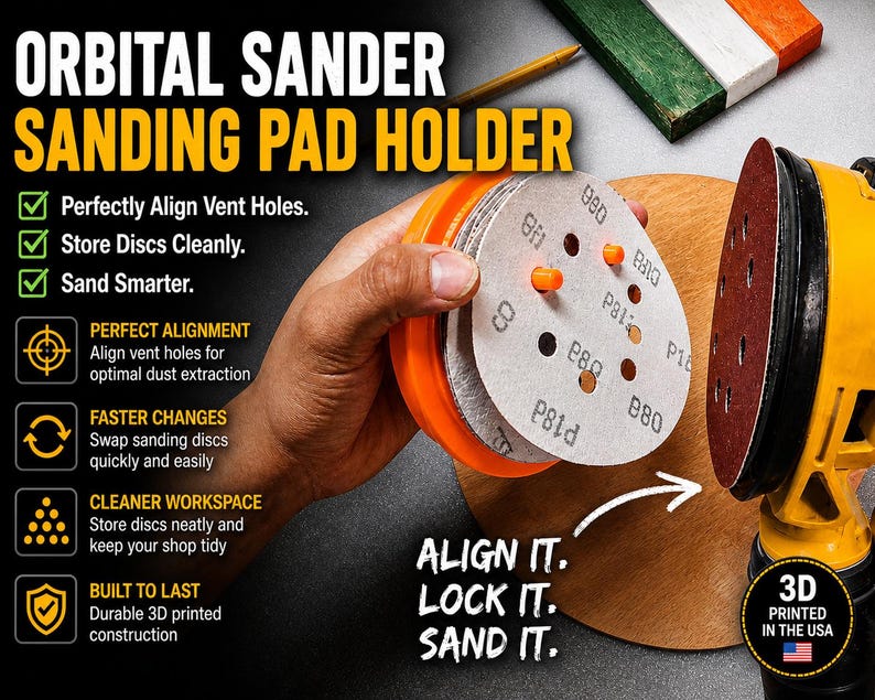 May include: An orbital sander sanding pad holder with the text "ORBITAL SANDER SANDING PAD HOLDER". The holder is orange and holds several sanding discs. The image also shows a yellow sander and the text "3D PRINTED IN THE USA".