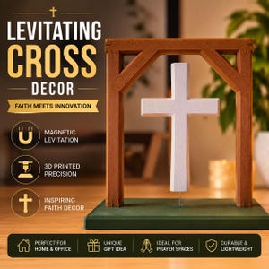Peut inclure: Décoration de croix en lévitation avec une croix blanche suspendue dans un cadre en bois marron. La base est verte. Le texte de l'image indique "Levitating Cross Decor" et "Faith Meets Innovation".