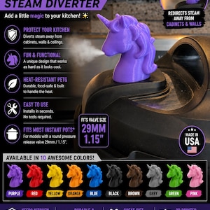 May include: A purple unicorn-shaped steam diverter for pressure cookers. The device features a horn and mane, designed to redirect steam away from cabinets and walls. It fits a 29mm or 1.15-inch valve size. The image displays text and color options.