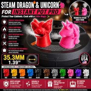 May include: A red dragon and a pink unicorn steam diverter for an Instant Pot Pro. These heat-resistant PETG accessories redirect steam away from kitchen cabinets. The set includes a 35.3mm or 1.39 inch measurement guide and is available in 11 colors.