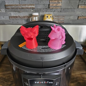 Può includere: Un drago rosso e una statuina di unicorno rosa sono appoggiati su una Instant Pot nera. La Instant Pot è su una superficie di legno, con un muro di mattoni grigi sullo sfondo. È visibile una piccola statuina di gufo.