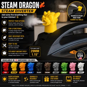 Puede incluir: Un accesorio desviador de vapor con forma de dragón amarillo para ollas a presión, diseñado para alejar el vapor de los armarios. El dispositivo cuenta con una apertura de válvula de 29 mm y se muestra en diez colores, incluyendo rojo, naranja, azul y blanco.