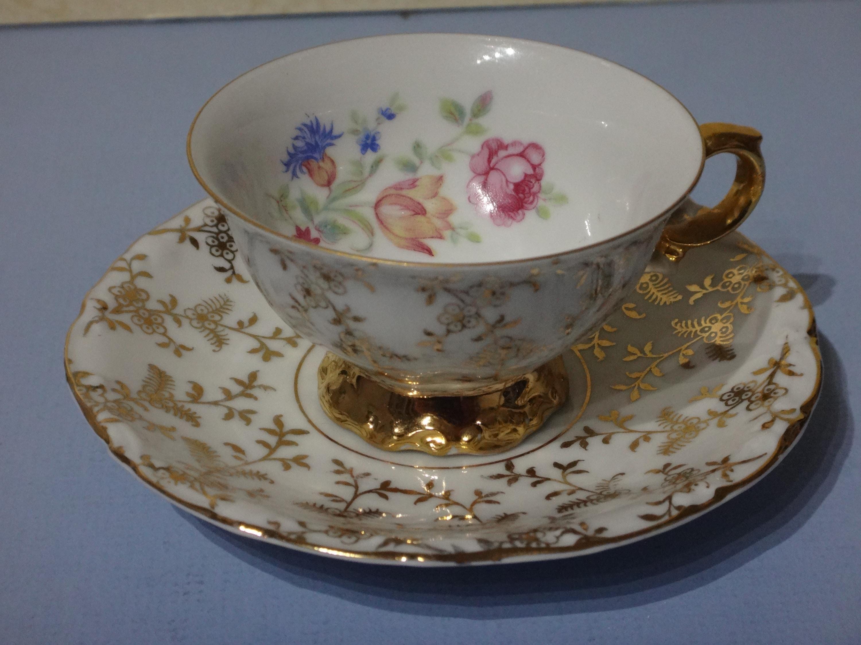 Demitasse Bareuther Vintage Gold Encrusted  Fine bone china Porcelain  Cup with Saucer from Bavaria Germany (c. 1940)