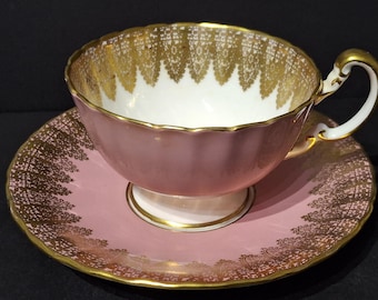 Rare Aynsley Pink & Gold Filigree Tea Cup and Saucer: English Bone China.