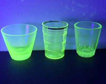 Uranium Shot Glasses - UV Reactive - Glows in Blacklight. Set of 3.