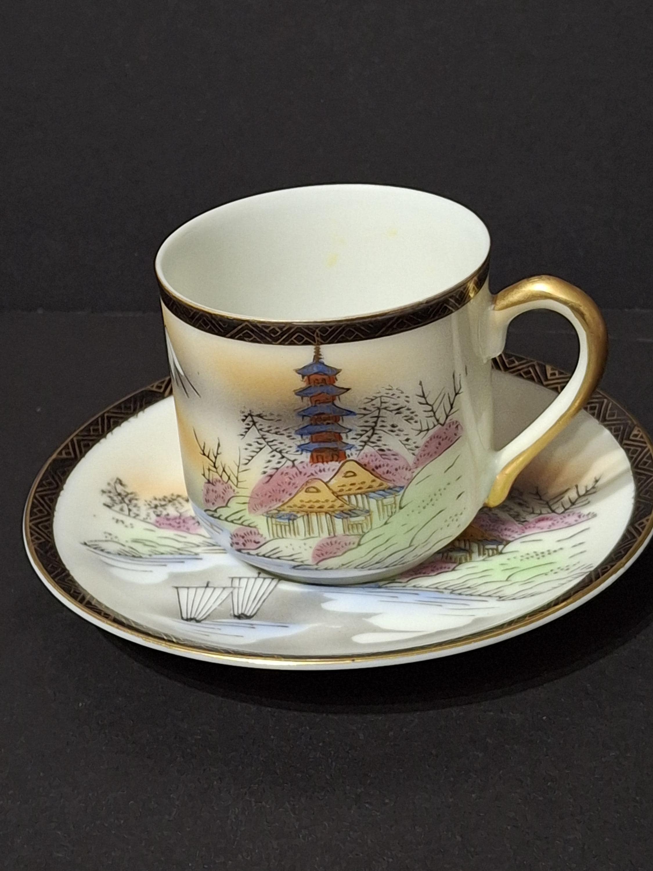 Japanese Lithophane Geisha Floral Bone China Tea Cup Saucer Set