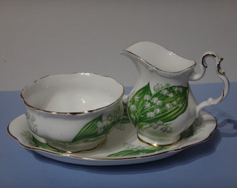 Vintage Royal  sugar bowl, creamer serving tray set "Lily of the Valley" pattern.