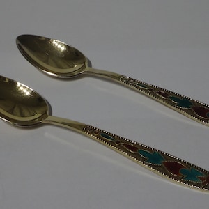 Russian 875 Silver Enameled coffee spoons with Red and Green cloisonné enamel set of two.