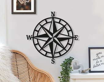 Compass Wood Wall Art, Geometric Traveller Sign Wall Decor, Wooden Nautical Compass Logo Wall Hanging, North South East West