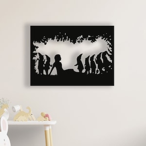 Snow White & The Seven Dwarfs Wood Wall Art, Geometric Nursery Wall Decor Sign, Wooden Fairy Tale Scenery Wall Hanging