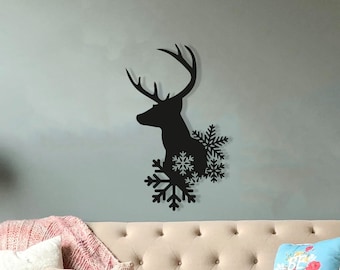 Deer & Snowflakes Wood Wall Art, Wall Decor Geometric Winter Deer Figure, 3D Minimalist Wooden Deer Wall Hanging