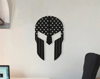 Helmet USA Flag Wood Wall Art, Geometric Spartan Warrior Wall Decor Sign, US Flag War Helmet Wooden Wall Hanging