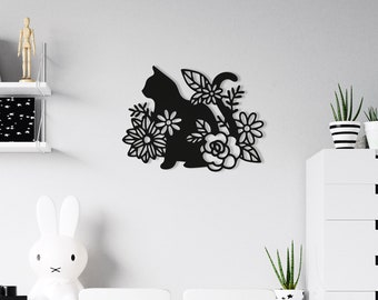 Floral Cat Wood Wall Art, Wall Decor Geometric Cat & Flowers Figure, 3D Minimalist Wooden Wall Hanging