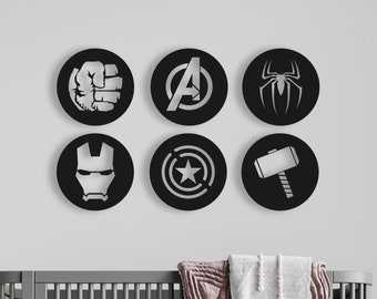 Avengers Wood Wall Art Set of 6, Geometric Nursery Wall Decor, 3D Wooden Superhero Logo Wall Hanging; Thor, Hulk, Spiderman, Ironman