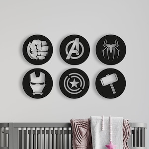 Avengers Wood Wall Art Set of 6, Geometric Nursery Wall Decor, 3D Wooden Superhero Logo Wall Hanging; Thor, Hulk, Spiderman, Ironman