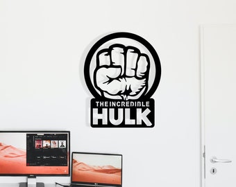Hulk Holzwandkunst, Geometrischer unglaublicher Hulk-Film-Wanddekor, 3D-minimalistisches Hulk-Faust-Logo-Zeichen Avengers-Holzbehang