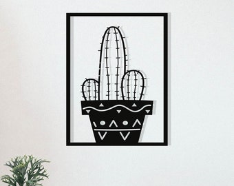 Framed Mexican Cactus Wall Art, Geometric Cacti Wall Decor, 3D Minimalist Cactus in Flowerpot Wooden Hanging