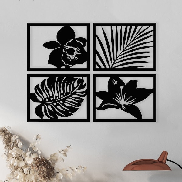 Camellia, Monstera, Palmbladeren, Orchid Wood Wall Art, Geometrische Tropische Bladeren Wall Decor, Botanische Houten Muur Opknoping