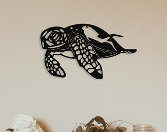 Sea Turtle Wood Wall Art with Diver Silhouette, Geometric Caretta Caretta Wall Decor, 3D Minimalist Marine Turtle Wooden Hanging