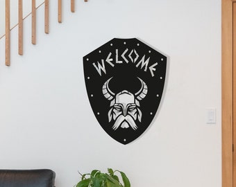 Viking Welcome Sign Wood Wall Art, Wall Decor Geometric Door Figure, 3D Minimalist Wooden Wall Hanging