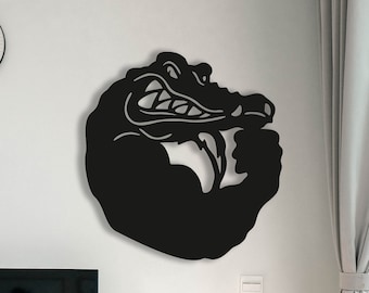 Strong Alligator Wood Wall Art, Geometric Crocodile Wall Decor, 3D Minimalist Muscular Gator Wooden Hanging