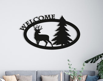 Welcome Sign Deer & Tree Wood Wall Art, Geometric Wall Decor Forest Figure, 3D Minimalist Wooden Wall Hanging