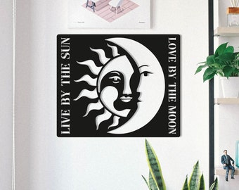 Live by the Sun Love by the Moon Wood Wall Art, Geometric Sun and Moon Wall Decor, 3D Quote Sign Wooden Hanging