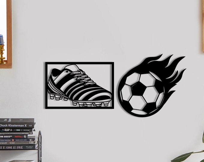 Soccer Wood Wall Art, Geometric Footbal Wall Decor Sign, 3D Wooden Soccer Shoe & Ball Wall Hanging