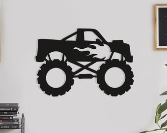 Znak Monster Truck Drewniana Sztuka Ścienna, Geometryczna Dekoracja Ścienna Hot Wheels, 3D Duży Znak Samochodowy Drewniany Wiszący