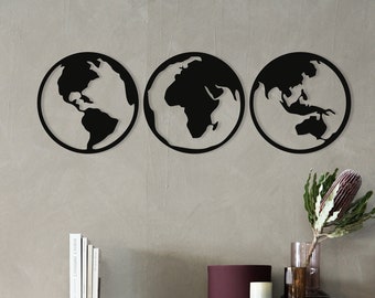 World Map Globe Wood Wall Art Set of 3; Geometric Worldmap Sign Wall Decor, Geographical Three Parts of the World Wooden Wall Hanging