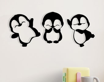 Baby Penguins Wood Wall Art, geometryczne przedszkole słodkie pingwiny dekoracje ścienne znak, drewniane minimalistyczne tańczące pingwiny ścienne wiszące