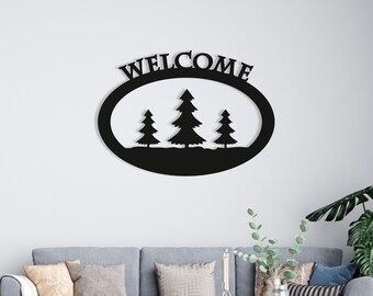 Pine Tree Welcome Sign Wood Wall Art, Geometric Wall Decor Forest Figure, 3D Minimalist Wooden Wall Hanging