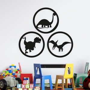 Nursery Dinosaurs Wood Wall Art Set of 3; Geometric Dino Sign Wall Decor Sign, Wooden Wall Hanging of Pterodactyl, T-Rex, Brontosaurus