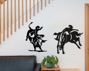 Country Rodeo Wood Wall Art Set, Geometric Cowboy Wall Decor Sign, Wooden Bull Riding Wall Hanging