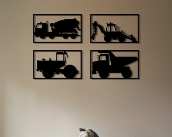 Construction Vehicles Wood Wall Art, Geometric Big Trucks Nursery Wall Decor, Wooden Wall Hanging of Mixer, Excavator, Digger, Road Roller