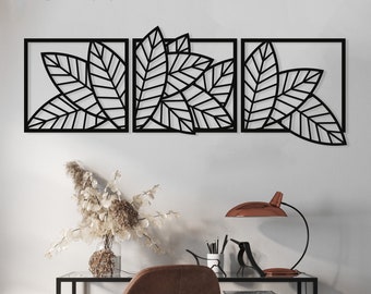 Rubber Tree Leaves Wood Wall Art, Geometric Rubber Plant Wall Decor, 3D Framed Leaves Wooden Wall Hanging