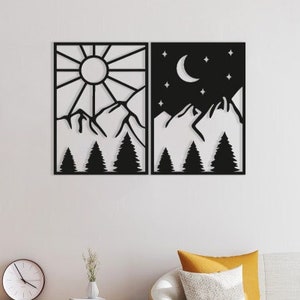 Day & Night Wood Wall Art, Geometric Sun and Moon Landscape Wall Decor Sign, Wooden Minimalist Natural Wall Hanging