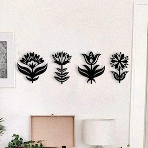 Scandinavian Flowers Wood Wall Art, Nordic Floral Art Wall Decor Sign, Wooden Geometric Folk Symmetrical Blooms Wall Hanging