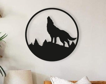 Howling Wolf Wood Wall Art, Geometric Wolf in Circle Wall Decor, 3D Minimalist Wooden Wolf Silhouette Hanging
