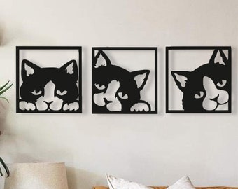 Framed Cats Wood Wall Art Set, Wall Decor Geometric Cute Cat Windows Figure, 3D Minimalist Cat Paws Wooden Wall Hanging