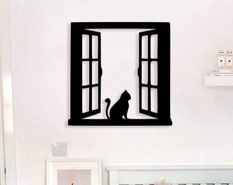 Cat on a Window Wood Wall Art, Geometric Cat Looking Outside Wall Decor, 3D Minimalist Cosy Cat Wooden Hanging