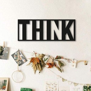 Think! Quote World Wood Wall Art, Geometric Think Word Wall Decor, 3D Minimalist Think Font Wooden Hanging of Inspirational Quote