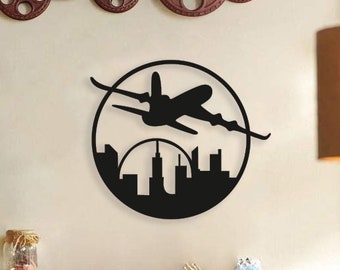 Plane over City Wood Wall Art, Geometric Plane View Wall Decor Sign, 3D Minimalist Circle Wooden Hanging