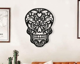 Skull Mandala Wood Wall Art, Geometric Patterns Skull Sign Wall Decor, Minimalist Skull with Flowers & Hearts Wooden Hanging