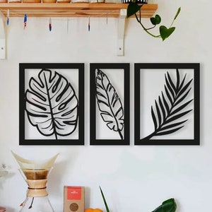 Leaves Wood Wall Decor Set, Geometric Monstera Areca Wall Art, Minimalist Leaves Set Wooden Hanging, Botanical Gift