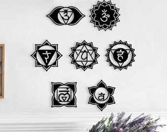 Chakra Signs Wood Wall Art Set, Yoga & Meditation Wall Decor Sign, Authentic 7 Chakras Wooden Wall Hanging