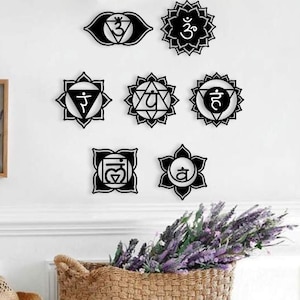 Chakra Signs Wood Wall Art Set, Yoga & Meditation Wall Decor Sign, Authentic 7 Chakras Wooden Wall Hanging