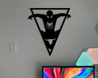 Driehoek Spiderman houten muurkunst, geometrische springende Spiderman wanddecoratie, 3D minimalistische Spiderman silhouet houten ophanging