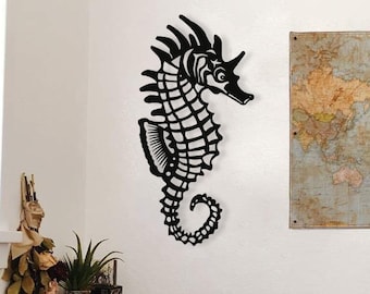 Cool Seahorse Wood Wall Art, Geometric Stylish Seahorse Wall Decor, Minimalist Sea Horse Figure Wooden Hanging