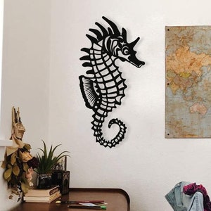Cool Seahorse Wood Wall Art, Geometric Stylish Seahorse Wall Decor, Minimalist Sea Horse Figure Wooden Hanging